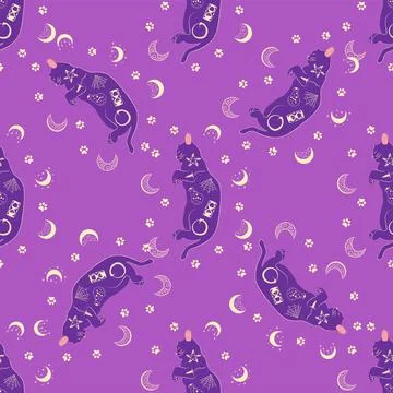 Mystical seamless pattern of cats in boho style, silhouette collection. Wit.. 스톡 일러스트