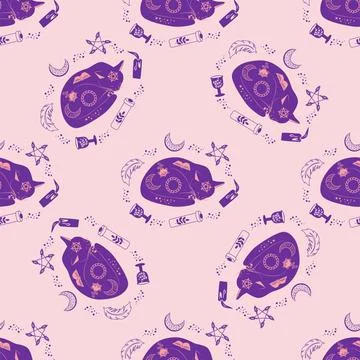 Mystical seamless pattern of cats in boho style, silhouette collection. Wit.. Stock Illustration