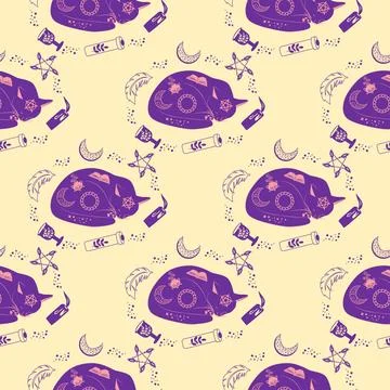 Mystical seamless pattern of cats in boho style, silhouette collection. Wit.. Illustrazione stock