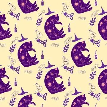 Mystical seamless pattern of cats in boho style, silhouette collection. Wit.. 스톡 일러스트