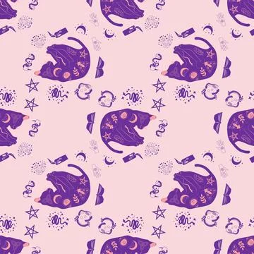 Mystical seamless pattern of cats in boho style, silhouette collection. Wit.. 스톡 일러스트