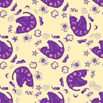Mystical seamless pattern of cats in boho style, silhouette collection. Wit.. Illustrazione stock