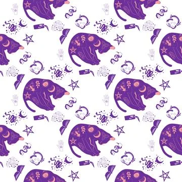 Mystical seamless pattern of cats in boho style, silhouette collection. Wit.. Illustrazione stock