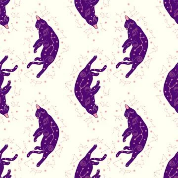 Mystical seamless pattern of cats in boho style, silhouette collection. Wit.. 스톡 일러스트
