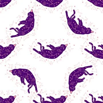 Mystical seamless pattern of cats in boho style, silhouette collection. Wit.. Illustrazione stock