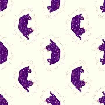 Mystical seamless pattern of cats in boho style, silhouette collection. Wit.. Illustrazione stock