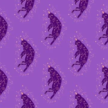 Mystical seamless pattern of cats in boho style, silhouette collection. Wit.. Illustrazione stock