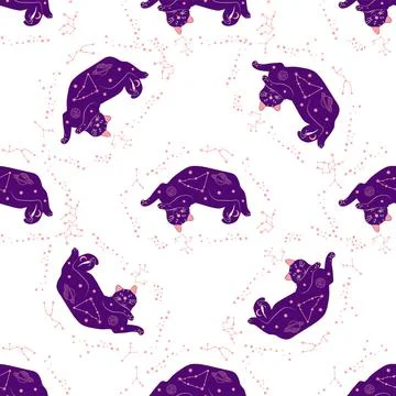 Mystical seamless pattern of cats in boho style, silhouette collection. Wit.. Illustrazione stock