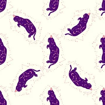Mystical seamless pattern of cats in boho style, silhouette collection. Wit.. Illustrazione stock