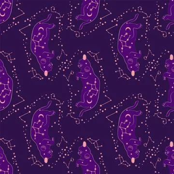 Mystical seamless pattern of cats in boho style, silhouette collection. Wit.. Illustrazione stock