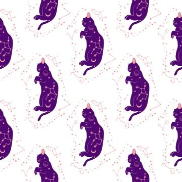 Mystical seamless pattern of cats in boho style, silhouette collection. Wit.. Stock Illustration