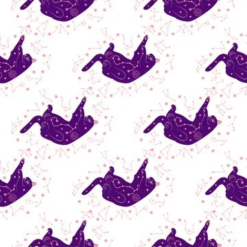 Mystical seamless pattern of cats in boho style, silhouette collection. Wit.. Illustrazione stock