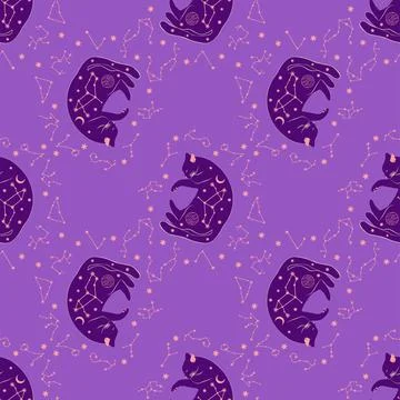Mystical seamless pattern of cats in boho style, silhouette collection. Wit.. Stock Illustration
