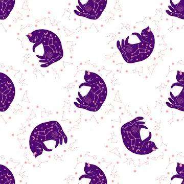 Mystical seamless pattern of cats in boho style, silhouette collection. Wit.. Illustrazione stock