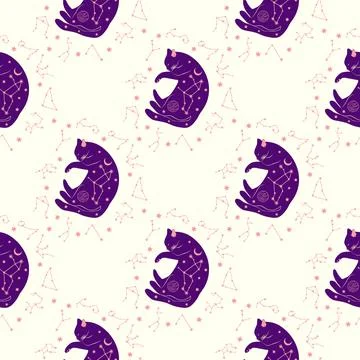Mystical seamless pattern of cats in boho style, silhouette collection. Wit.. Illustrazione stock