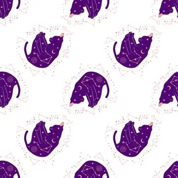 Mystical seamless pattern of cats in boho style, silhouette collection. Wit.. Illustrazione stock
