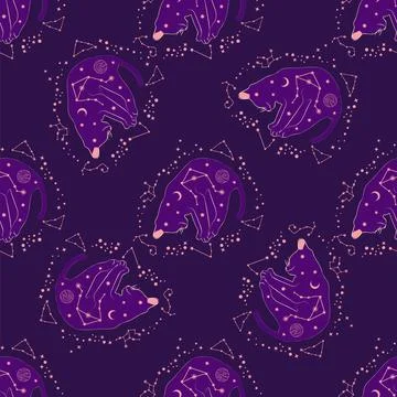Mystical seamless pattern of cats in boho style, silhouette collection. Wit.. Stock Illustration