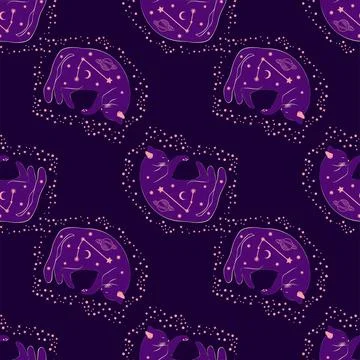 Mystical seamless pattern of cats in boho style, silhouette collection. Esote Illustrazione stock