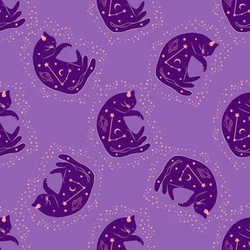Mystical seamless pattern of cats in boho style, silhouette collection. Esote Illustrazione stock