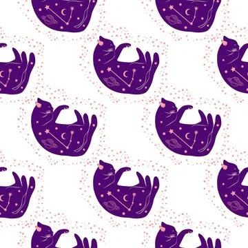 Mystical seamless pattern of cats in boho style, silhouette collection. Esote Illustrazione stock