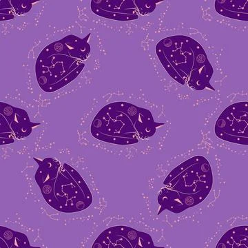 Mystical seamless pattern of cats in boho style, silhouette collection. Esote Illustrazione stock