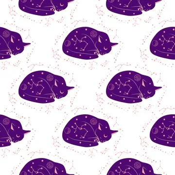 Mystical seamless pattern of cats in boho style, silhouette collection. Esote Illustrazione stock