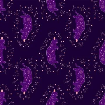 Mystical seamless pattern of cats in boho style, silhouette collection. Esote 스톡 일러스트