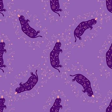 Mystical seamless pattern of cats in boho style, silhouette collection. Esote Illustrazione stock