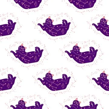 Mystical seamless pattern of cats in boho style, silhouette collection. Esote Illustrazione stock