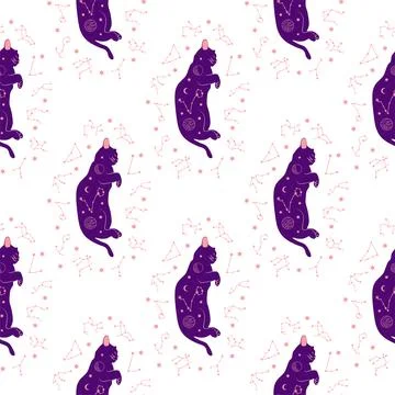 Mystical seamless pattern of cats in boho style, silhouette collection. Esote Stock-Illustration