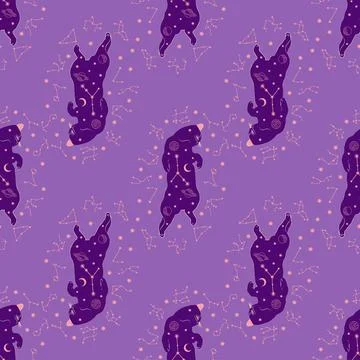 Mystical seamless pattern of cats in boho style, silhouette collection. Esote Illustrazione stock