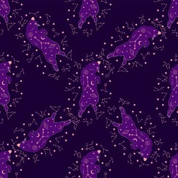 Mystical seamless pattern of cats in boho style, silhouette collection. Esote Illustrazione stock