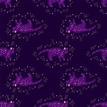 Mystical seamless pattern of cats in boho style, silhouette collection. Esote Illustrazione stock