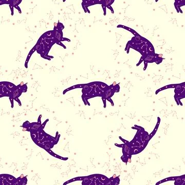 Mystical seamless pattern of cats in boho style, silhouette collection. Esote Stock-Illustration