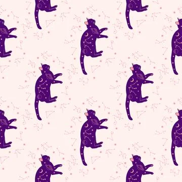 Mystical seamless pattern of cats in boho style, silhouette collection. Esote Illustrazione stock