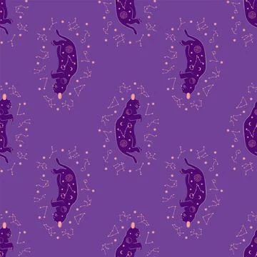 Mystical seamless pattern of cats in boho style, silhouette collection. Esote Illustrazione stock