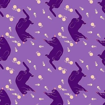 Mystical seamless pattern of cats in boho style, silhouette collection. Esote Stock Illustration
