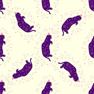Mystical seamless pattern of cats in boho style, silhouette collection. Esote Stock Illustration