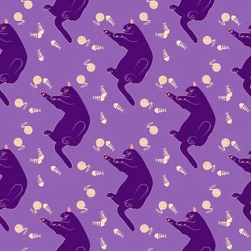 Mystical seamless pattern of cats in boho style, silhouette collection. Esote 스톡 일러스트