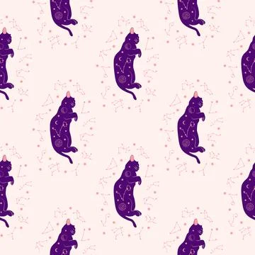 Mystical seamless pattern of cats in boho style, silhouette collection. Esote Illustrazione stock