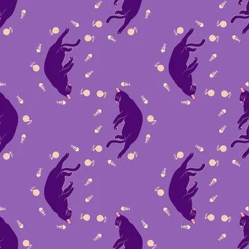 Mystical seamless pattern of cats in boho style, silhouette collection. Esote Stock Illustration