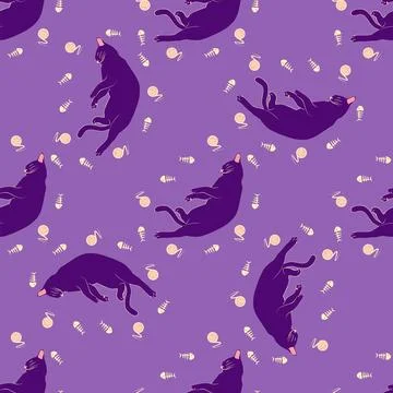 Mystical seamless pattern of cats in boho style, silhouette collection. Esote Stock Illustration