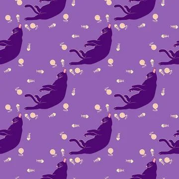 Mystical seamless pattern of cats in boho style, silhouette collection. Esote 스톡 일러스트