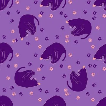 Mystical seamless pattern of cats in boho style, silhouette collection. Esote Stock Illustration