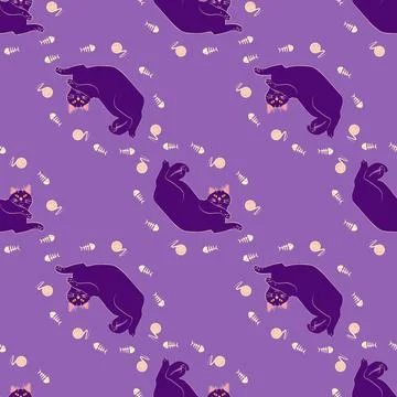 Mystical seamless pattern of cats in boho style, silhouette collection. Esote 스톡 일러스트