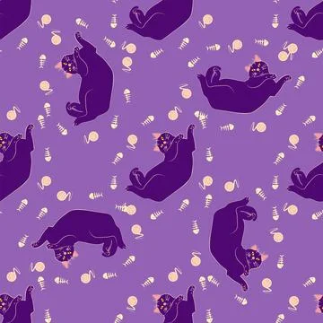 Mystical seamless pattern of cats in boho style, silhouette collection. Esote Illustrazione stock