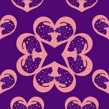 Mystical seamless pattern of cats in boho style, silhouette collection. Wit.. Stock Illustration