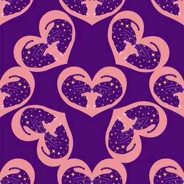 Mystical seamless pattern of cats in boho style, silhouette collection. Wit.. Stock Illustration