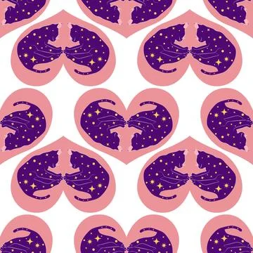 Mystical seamless pattern of cats in boho style, silhouette collection. Wit.. Stock Illustration