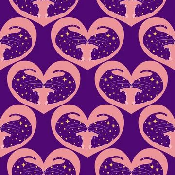 Mystical seamless pattern of cats in boho style, silhouette collection. Wit.. Stock Illustration
